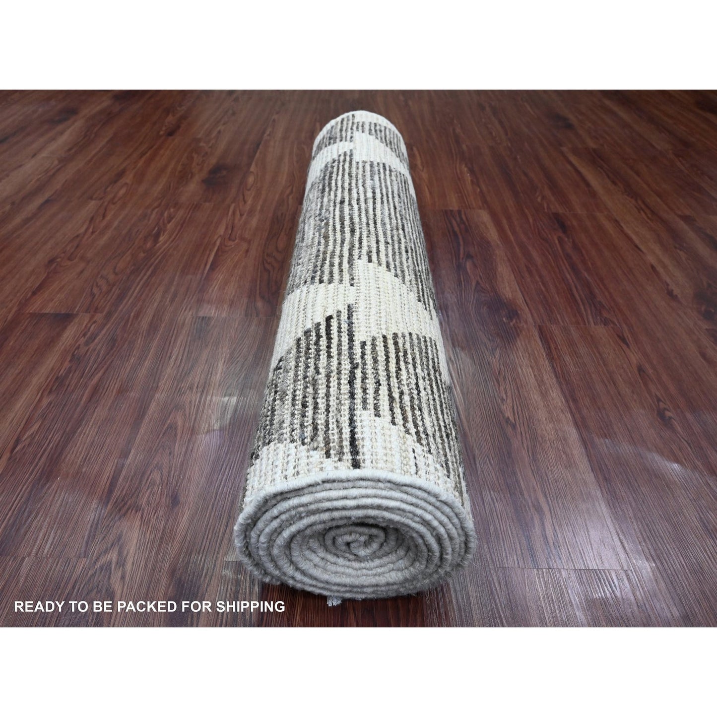 3'1"X16'8" Brown Moroccan Weave Line Design Hand Knotted Wool Runner Rug