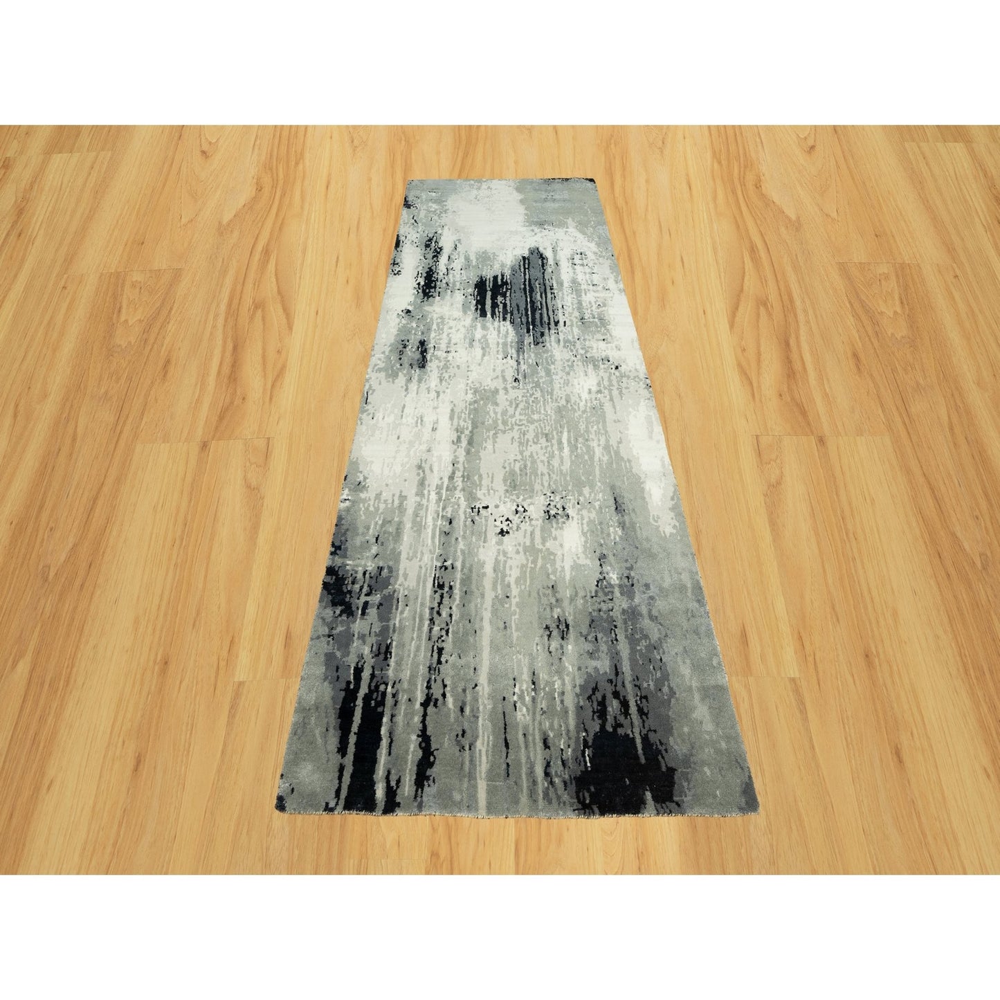 4'2X12' Iridium Black Hand Knotted Abstract Wool And Silk Wide Runner Rug