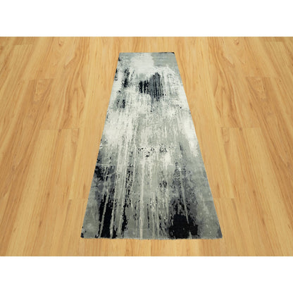 4'2X12' Iridium Black Hand Knotted Abstract Wool And Silk Wide Runner Rug
