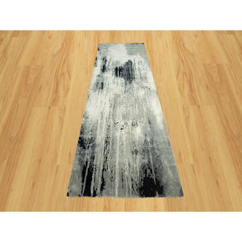 4'2X12' Iridium Black Hand Knotted Abstract Wool And Silk Wide Runner Rug