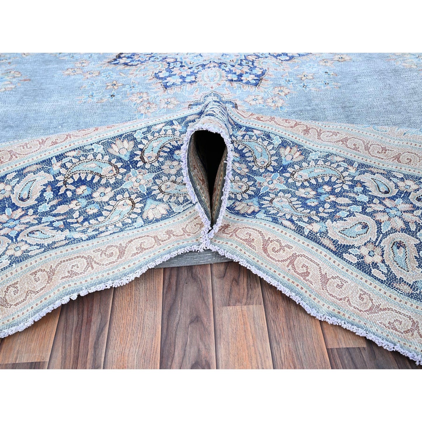 10'X12'9" Blue Worn Down Shiny Wool Cropped Thin Cleaned Oriental Rug