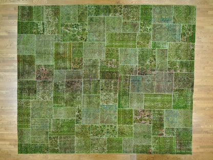 13'2"X15'8" Overdyed Patchwork Worn Down Tebraz Pure Wool Handmade Rug