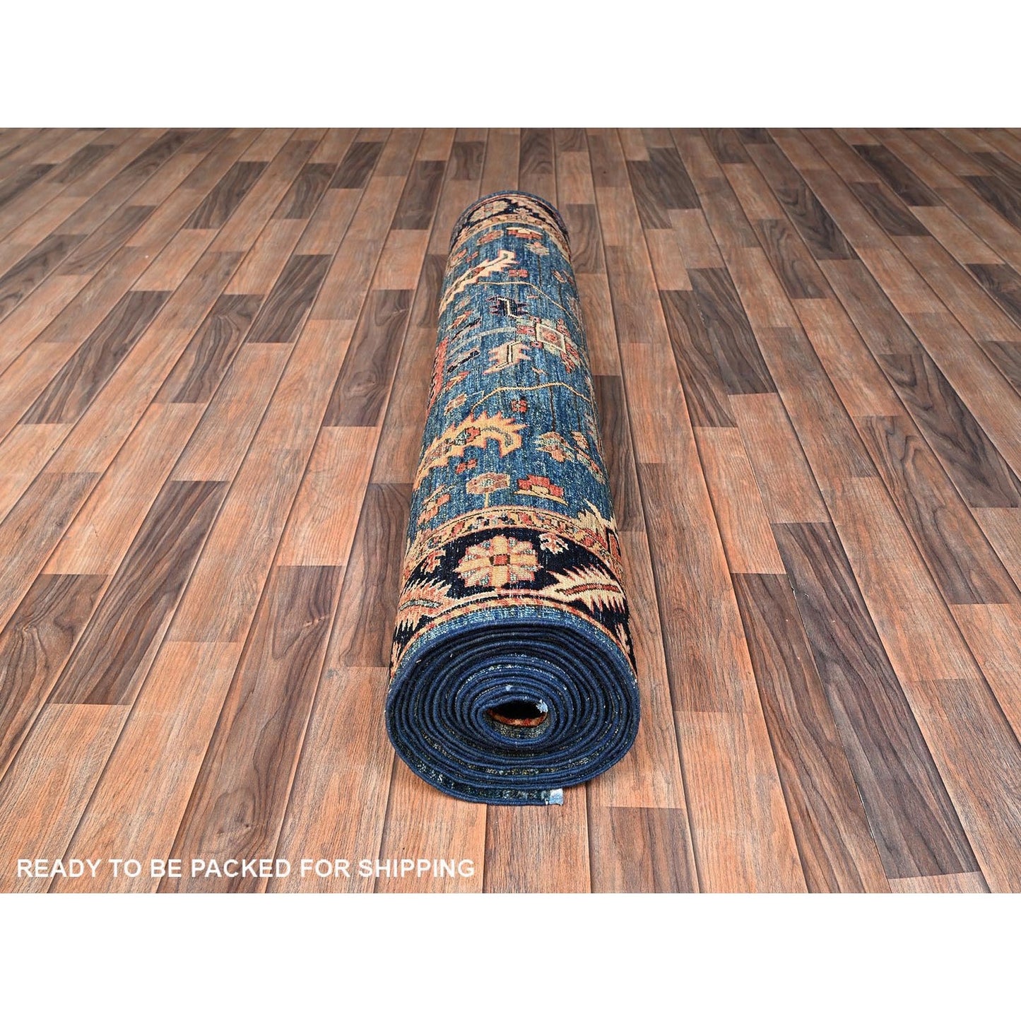 Rug 4'3"x19' Stone Blue Heris All Over Design Pure Wool Hand Knotted Runner