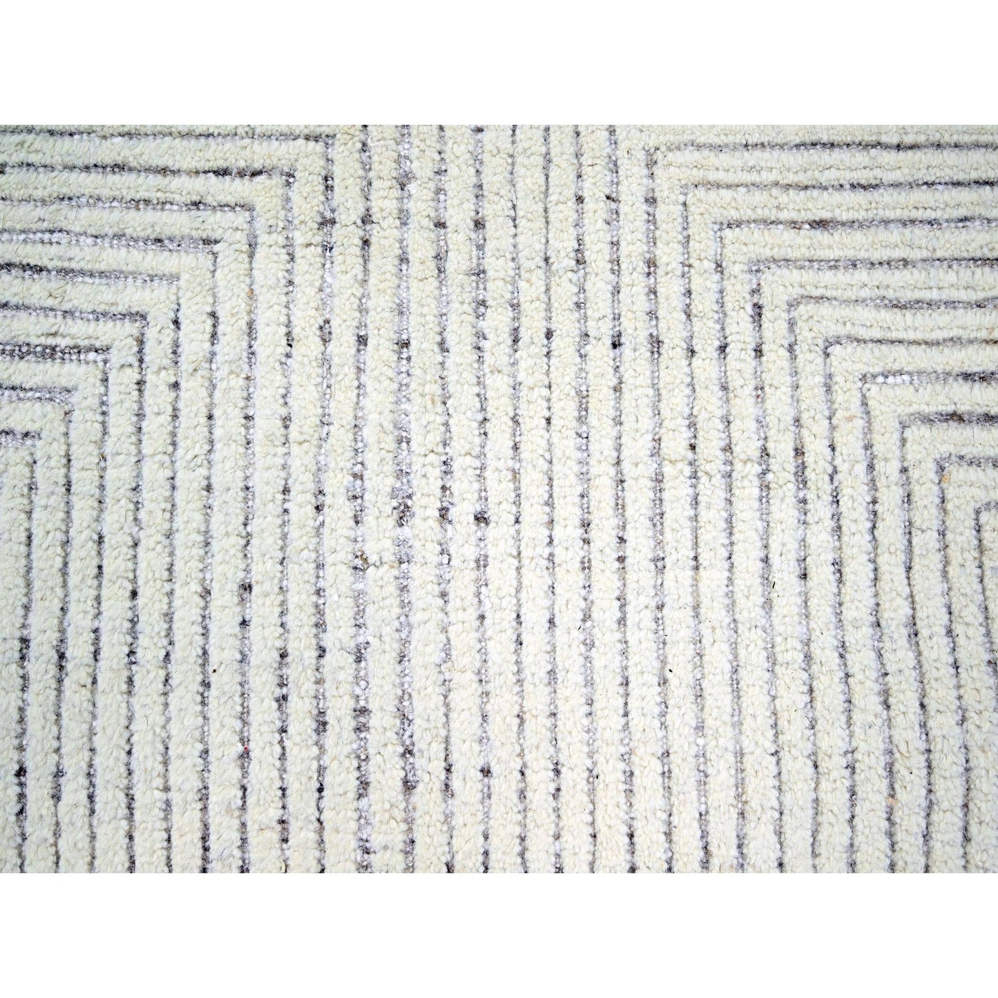9'X12'1" White Geometric Variegated Line Design All Wool Hand Knotted Rug