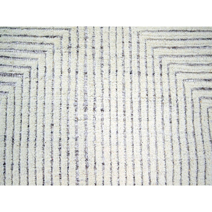 9'X12'1" White Geometric Variegated Line Design All Wool Hand Knotted Rug