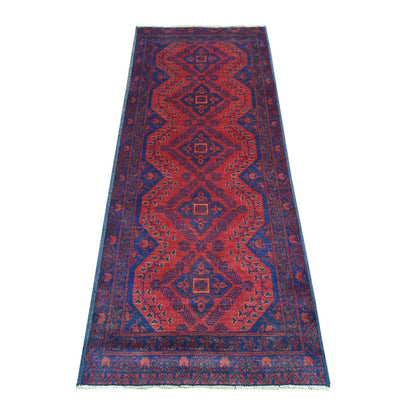 2'7"X6'5" Red Soft Wool Andkhoy Geometric Design Hand Knotted Runner Rug