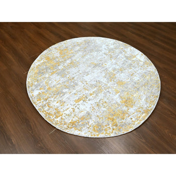 6'X6' Beige-Gold Wool And Silk Abstract Design Hand Knotted Round Rug