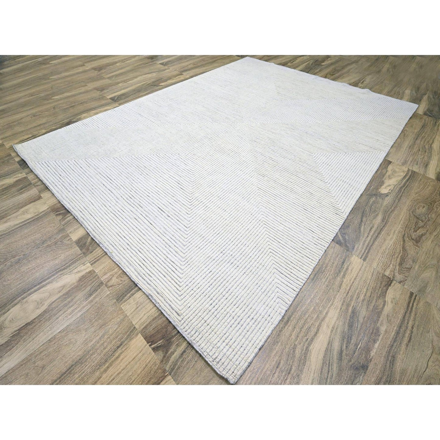 9'X12'1" White Geometric Variegated Line Design All Wool Hand Knotted Rug