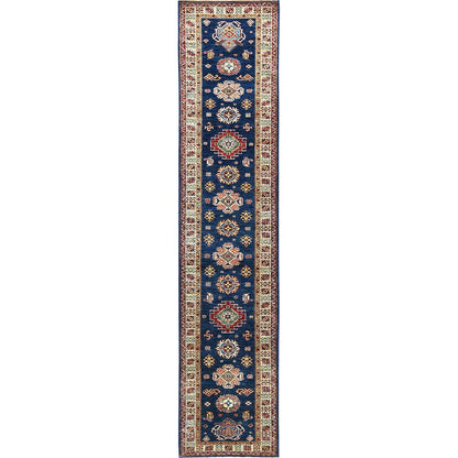 2'10"X13'2" Prussian Blue Afghan Super Kazak Wool Hand Knotted Rug