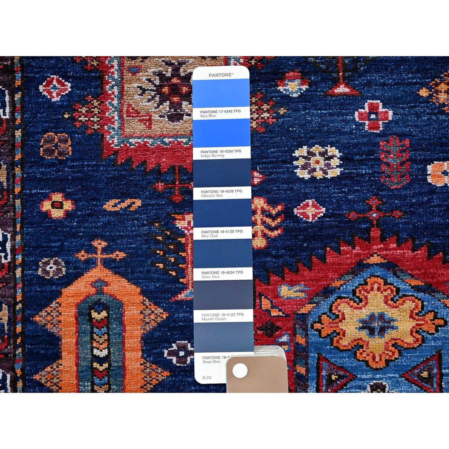 6'4"X8'9" Blue Afghan Ersari Caucasian Design Revival Wool Hand Knotted Rug