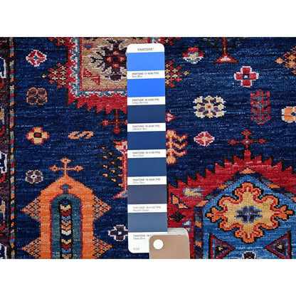 6'4"X8'9" Blue Afghan Ersari Caucasian Design Revival Wool Hand Knotted Rug