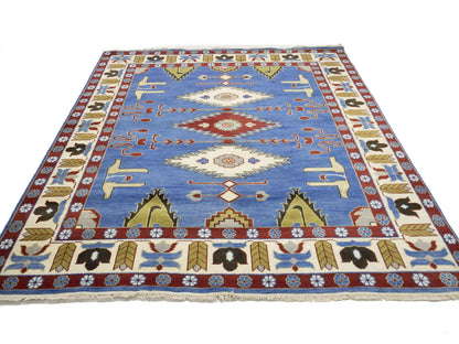 Farmho Boho Blue Geometric Kazak Oriental Rug
