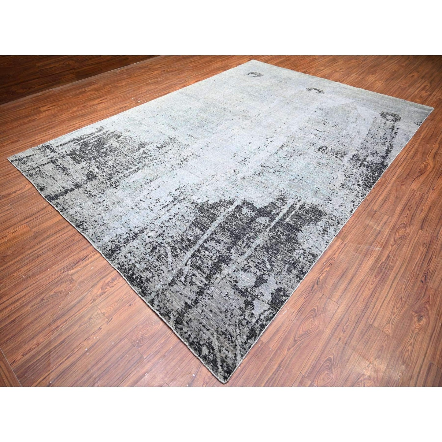 8'10"X12'9" Cloud Gray Modern Galaxy Design Pure Wool Hand Knotted Rug