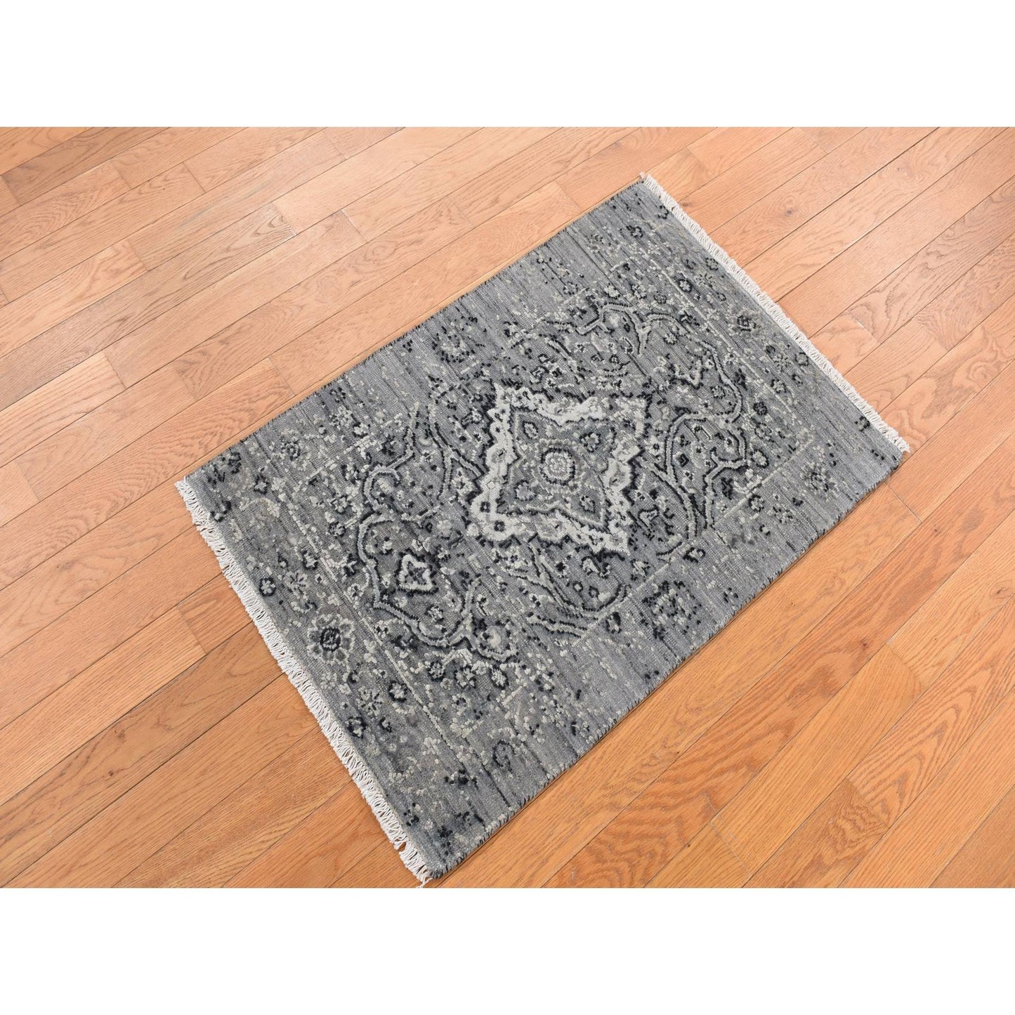 2'1"X3'1" Gray Zoroastrian Design Silk With Wool Hand Knotted Mat Rug