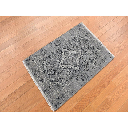 2'1"X3'1" Gray Zoroastrian Design Silk With Wool Hand Knotted Mat Rug