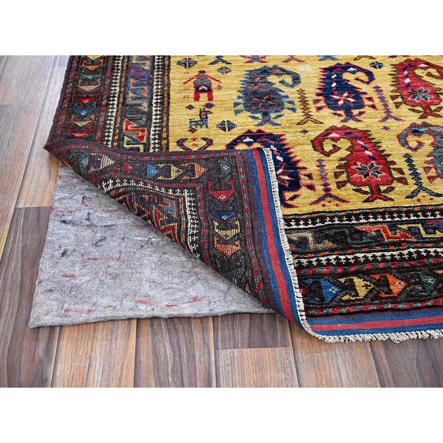 6'1"X8'10" Yellow Afghan Caucasian Design Revival Hand Knotted All Wool Rug