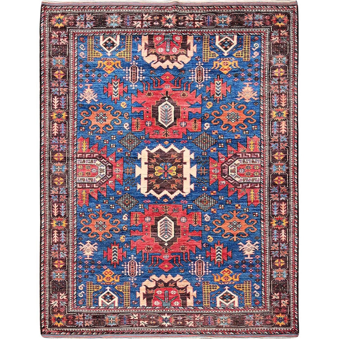 6'X7'10" Blue Afghan Caucasian Design Revival Hand Knotted Soft Wool Rug