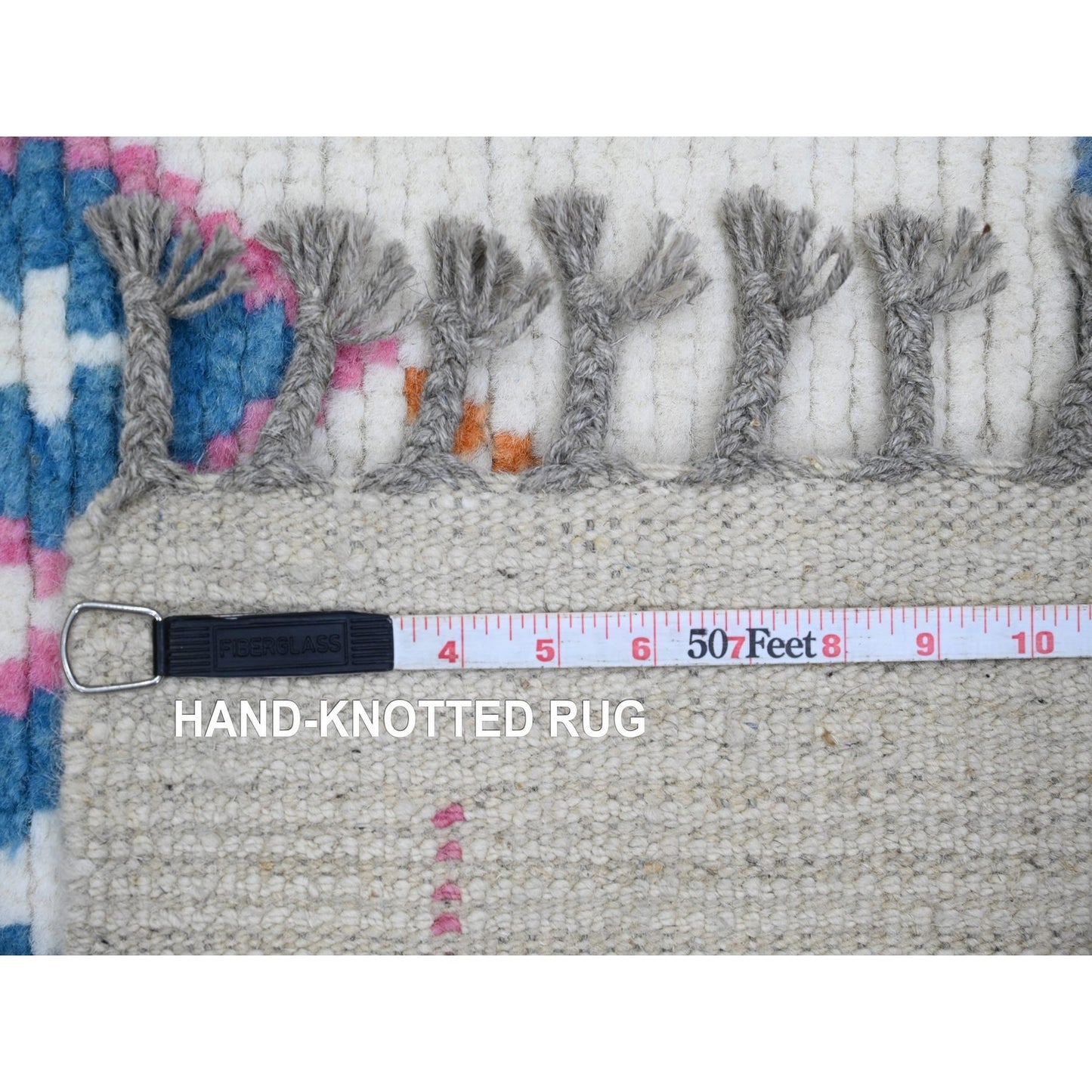 6'X9'3" White Moroccan Weave Geometric Pattern Hand Knotted Soft Wool Rug