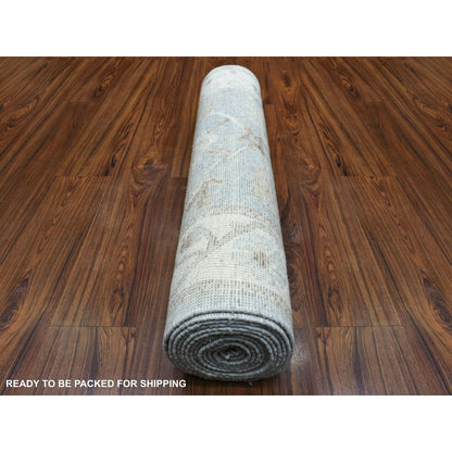 3'X13'7" Gray Afghan Angora Ushak Pure Wool Hand Knotted Runner Rug