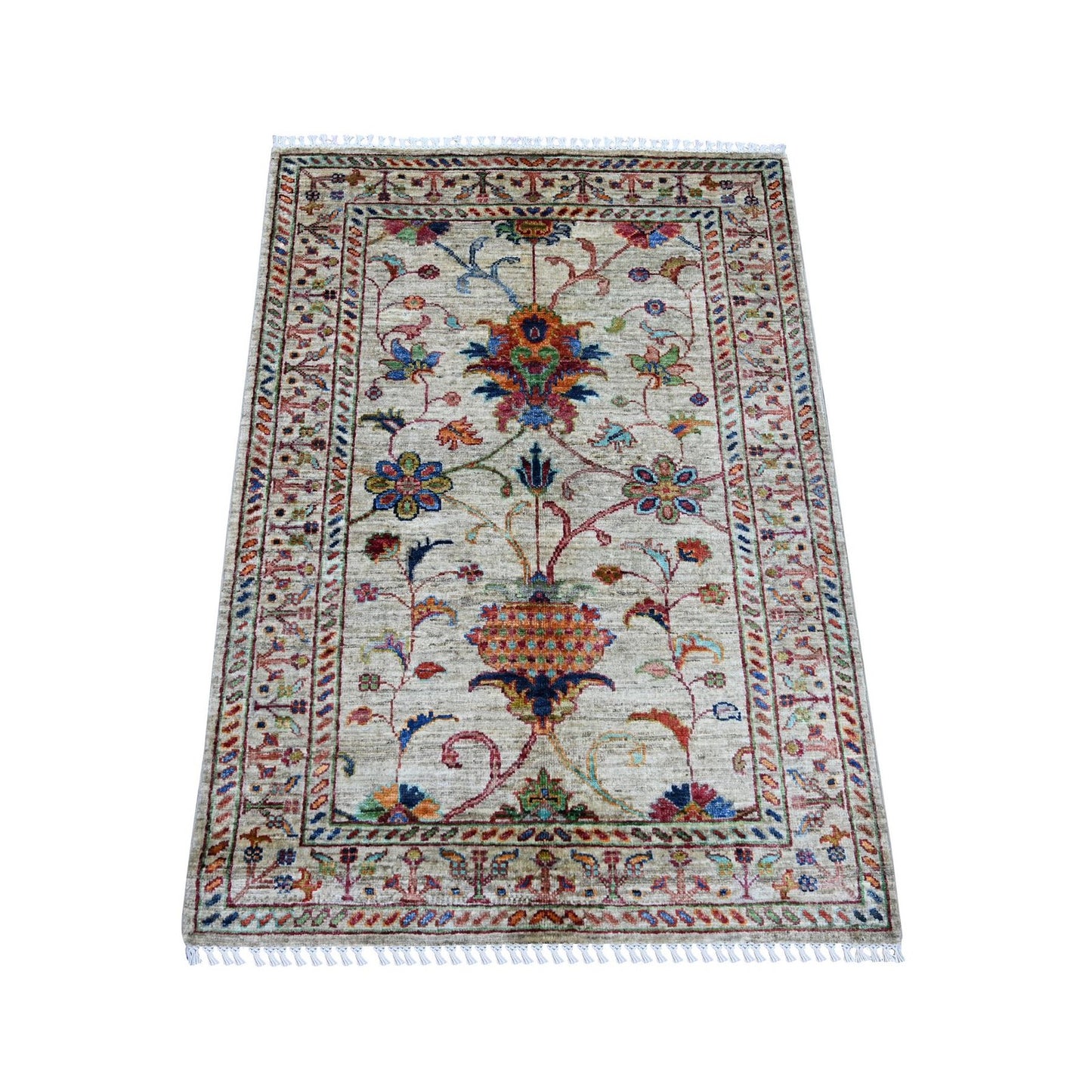 2'9"x3'10" Gray Hand Knotted Afghan Sultani Pomegranate Design Wool Rug
