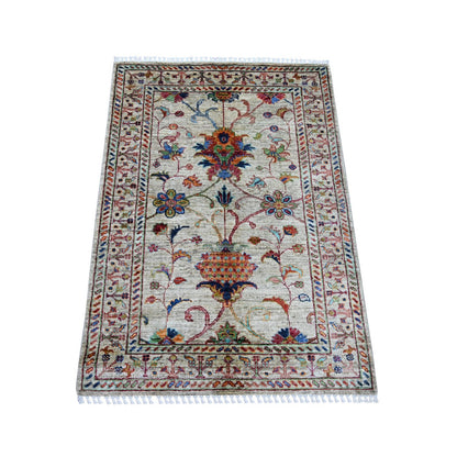 2'9"x3'10" Gray Hand Knotted Afghan Sultani Pomegranate Design Wool Rug