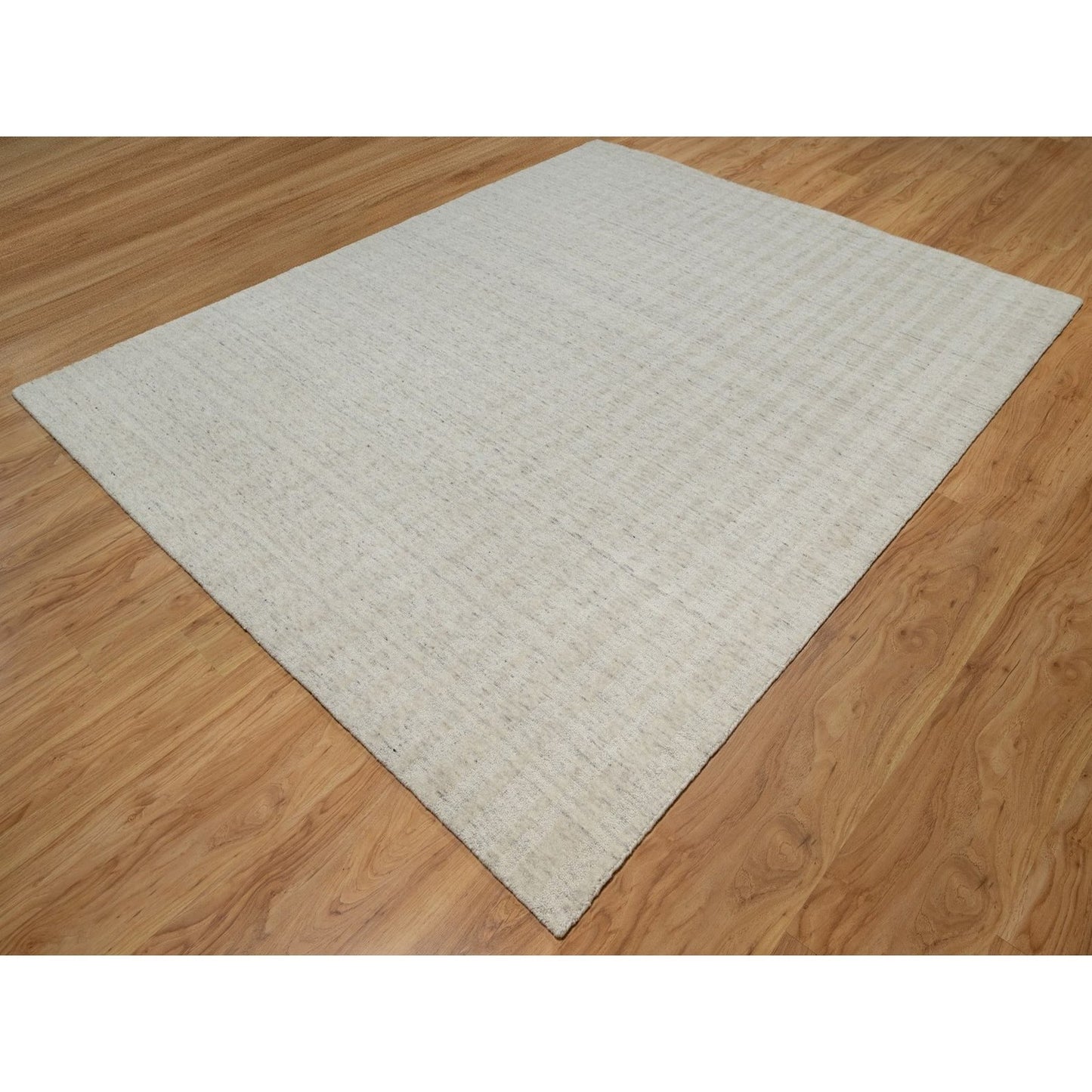 8'1"X10' Ivory Hand Loomed Vertical Stripes Design Natural Wool Rug
