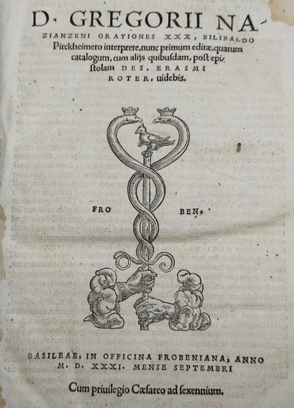 1531-1534 Froben Gregorius Nazianzen Orationes & Irenaeus Erasmus Editio Vellum