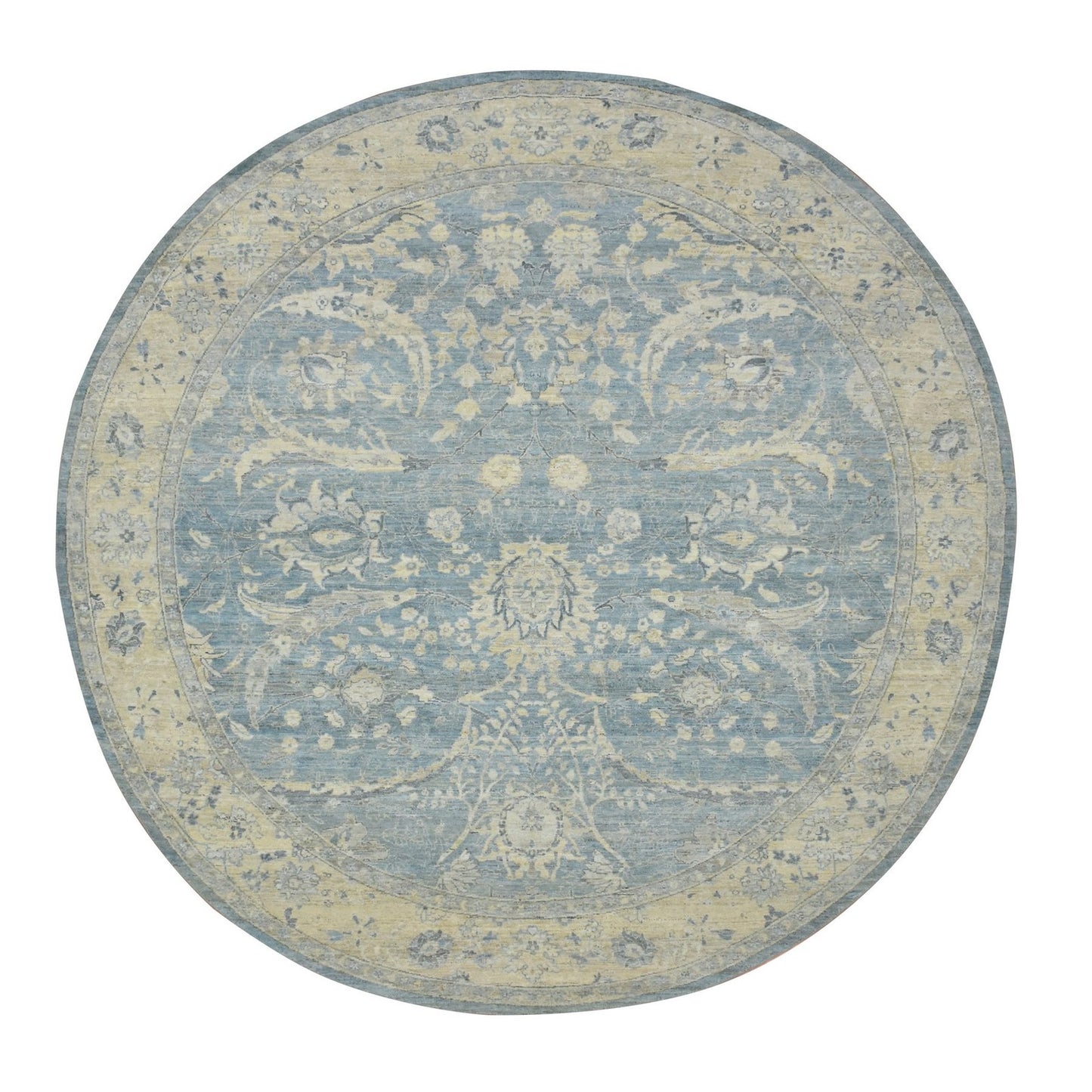 Blue Sickle Leaf Design Hand Knotted Wool Round Rug