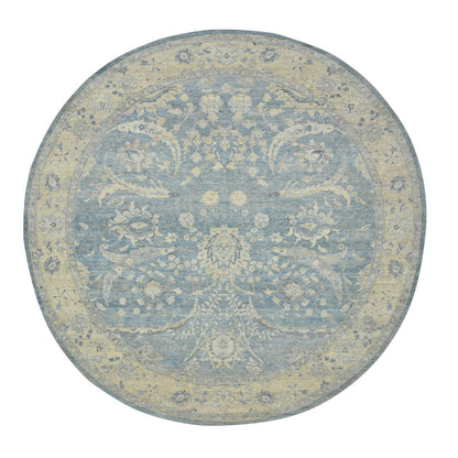 Blue Sickle Leaf Design Hand Knotted Wool Round Rug