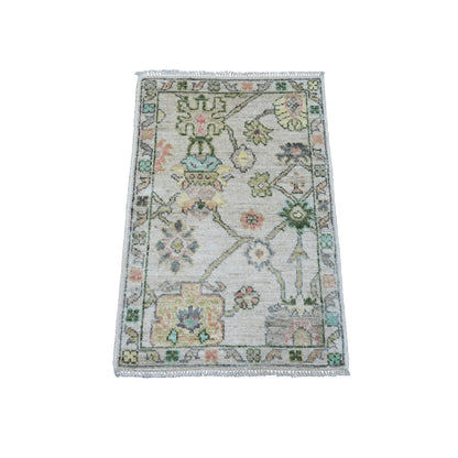 2'X3' White Afghan Angora Oushak Leaf Pattern Hand Knotted Wool Mat Rug