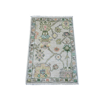 2'X3' White Afghan Angora Oushak Leaf Pattern Hand Knotted Wool Mat Rug