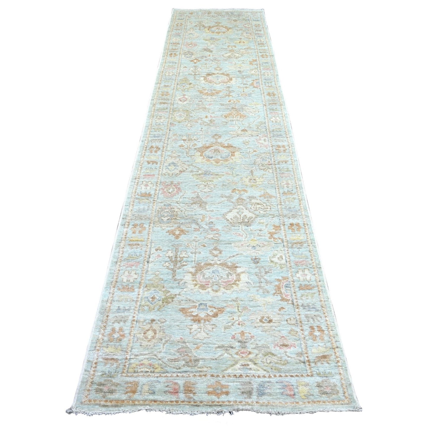 3'x12' Light Blue Angora Oushak Leaf Design Hand Knotted Wool Runner Rug