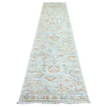 3'x12' Light Blue Angora Oushak Leaf Design Hand Knotted Wool Runner Rug