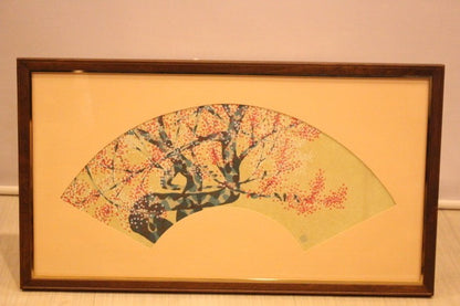 Munenori Makino Woodblock Print "Red And White Plum Blossoms" 1981 Fan Shape