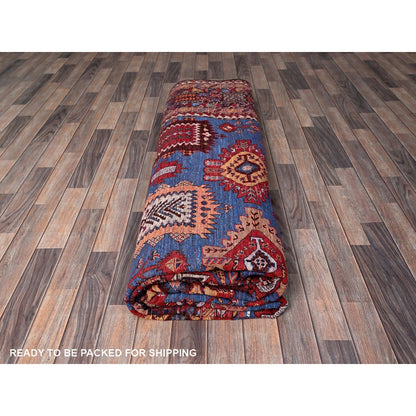 10'1"X13'4" Blue Afghan Caucasian Design Revival Hand Knotted Soft Wool Rug