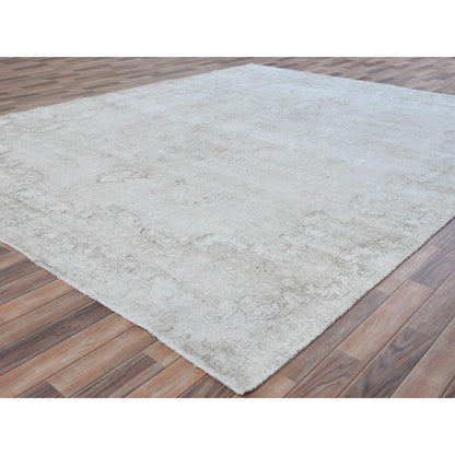 9'8"X12'5" Ivory Hand Knotted Worn Wool Distressed Vintage Farsian Rug