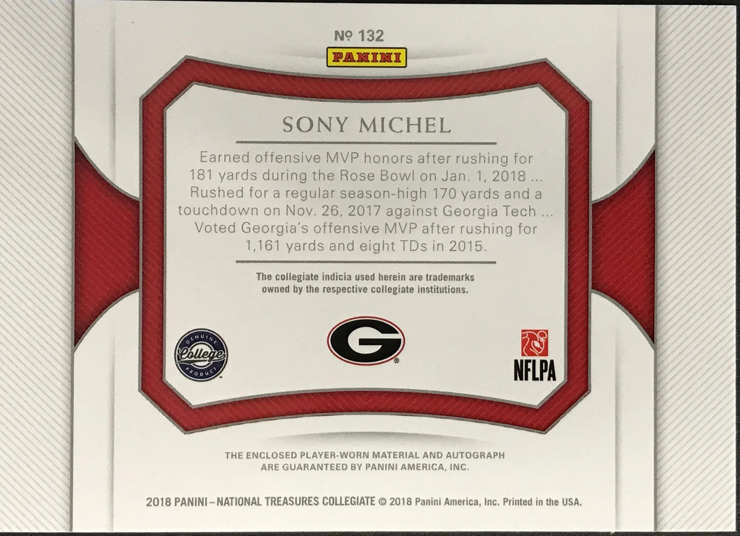 Sony Michel Autographed 2018 Panini National Treasures Collegiate Patch Card