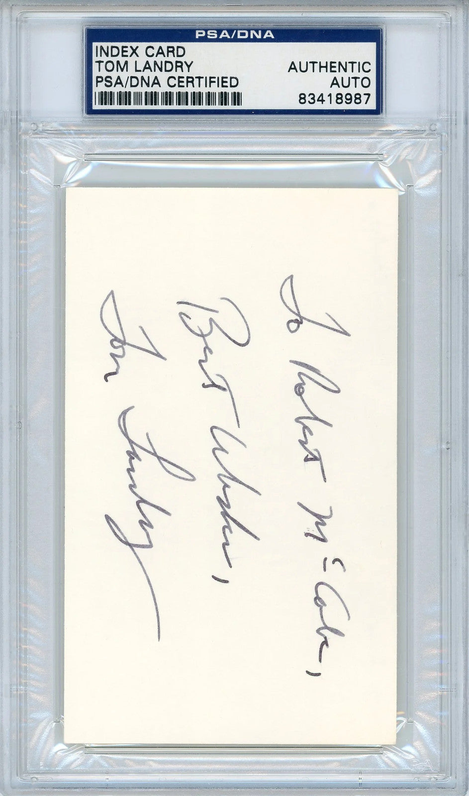 Tom Landry Autographed 3X5 Index Card (Psa)
