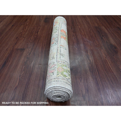 2'9"X8' Gray Angora Oushak Leaf Design Hand Knotted Pure Wool Runner Rug