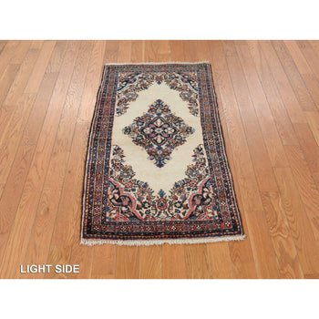 2'X4' Ivory Antique Sarouk Mat Hand Knotted Wool Open Field Medallion Rug