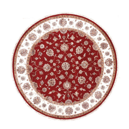 8'X8' Red Dahlia Wool And Silk Hand Knotted Rajasthan Design Round Rug