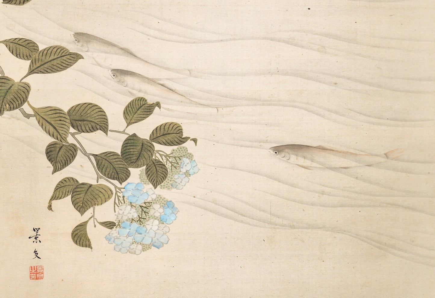 Matsumura Keibun Japanese Woodblock Print Hydrangeas and Sweetfish Ayu Art
