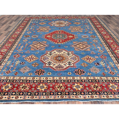 9'2"X11'4" Blue Special Kazak Geometric Design Hand Knotted Wool Rug