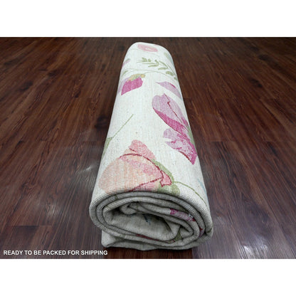 9'X11'9" White Colorful Botanical Garden Design All Wool Hand Knotted Rug