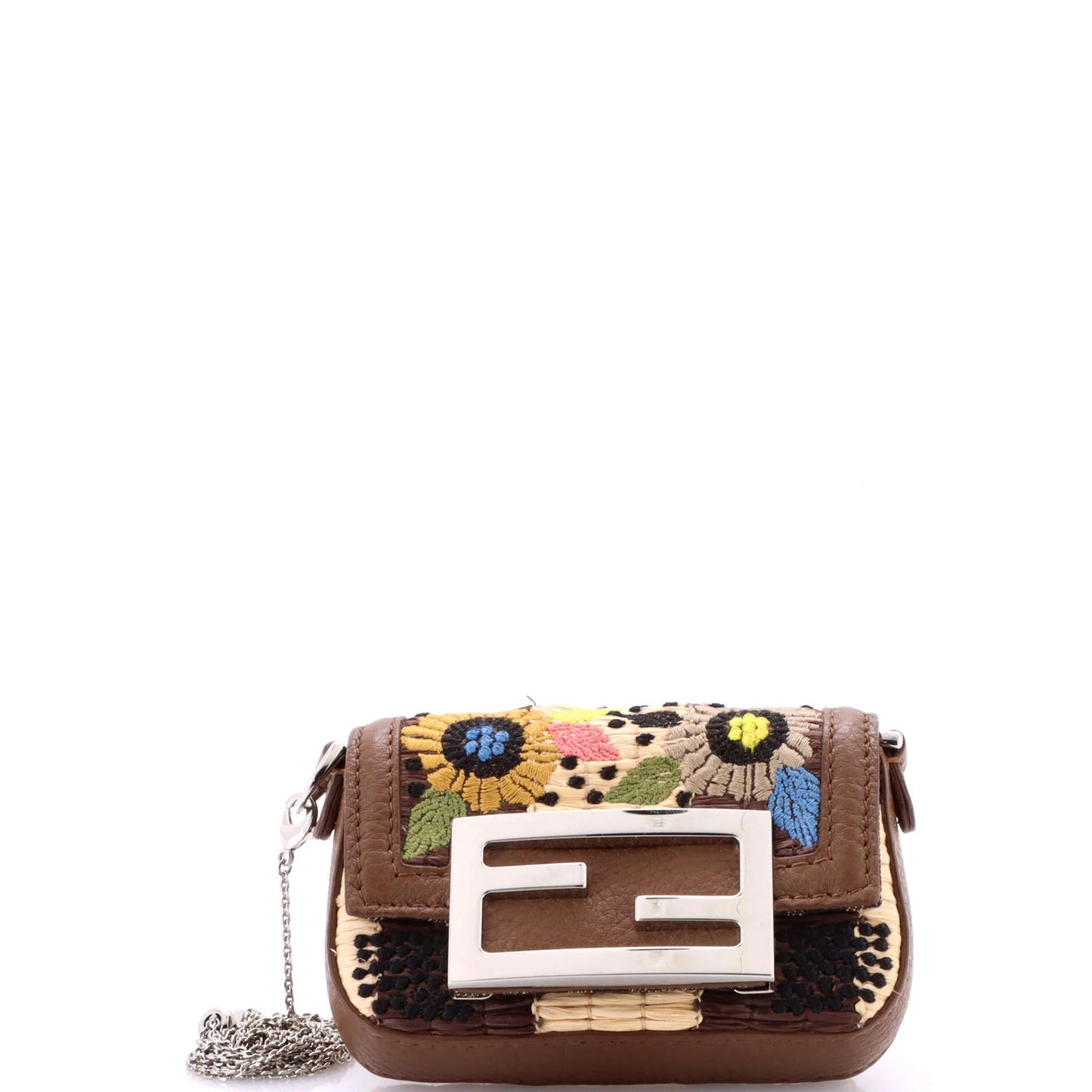 Fendi Chain Baguette Charm Bag Embroidered Raffia Nano