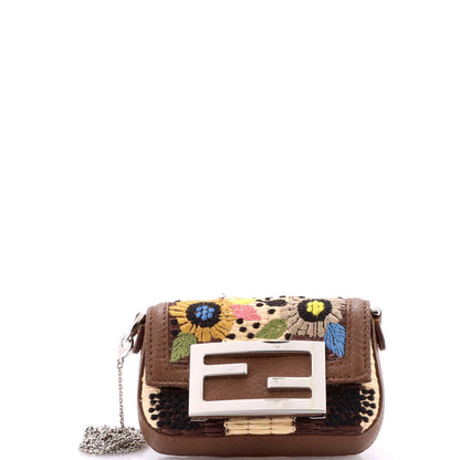 Fendi Chain Baguette Charm Bag Embroidered Raffia Nano