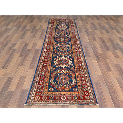 2'10"X11' Shiny Wool Hand Knotted Navy Blue Afghan Super Kazak Runner Rug