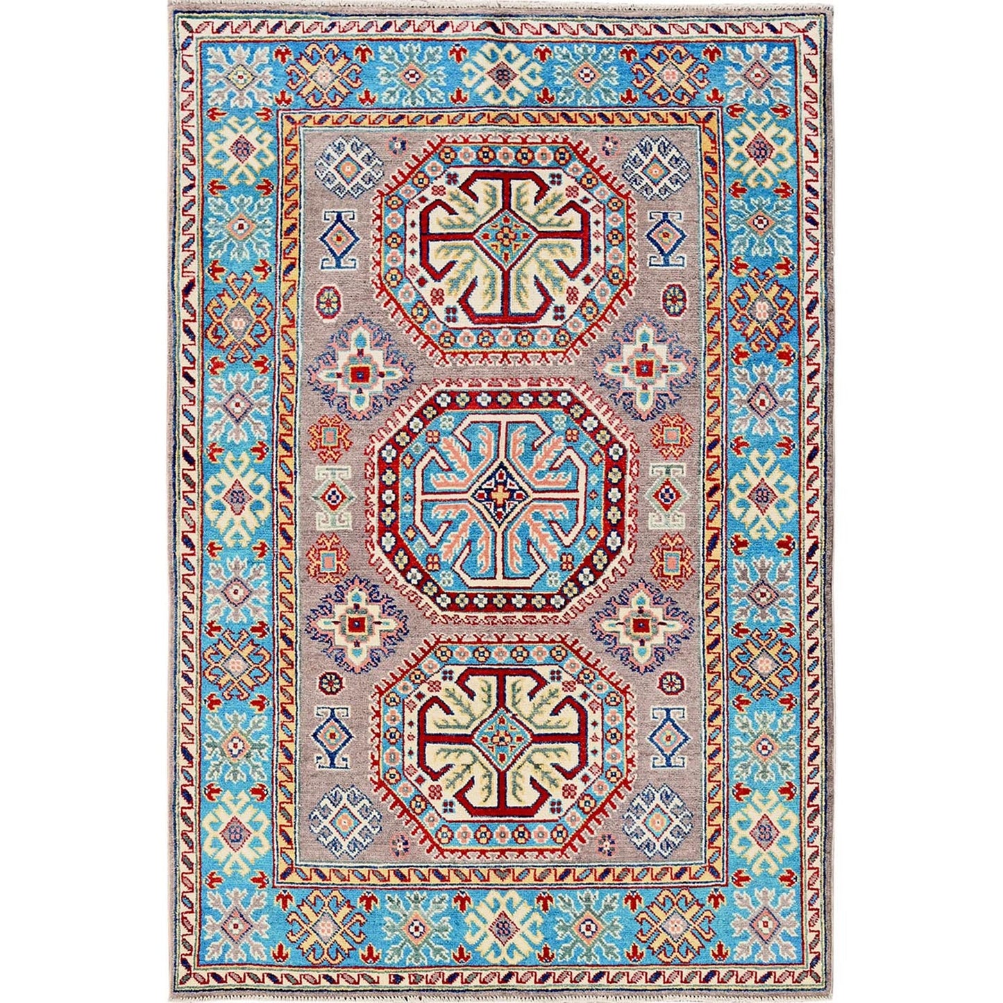 4'X5'9" Dove Gray Hand Knotted Kazak Geometric Medallions Design Wool Rug