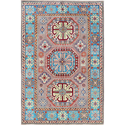 4'X5'9" Dove Gray Hand Knotted Kazak Geometric Medallions Design Wool Rug