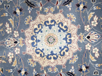 Blue-Gray Indo-Nain Wool Runner Rug Floral